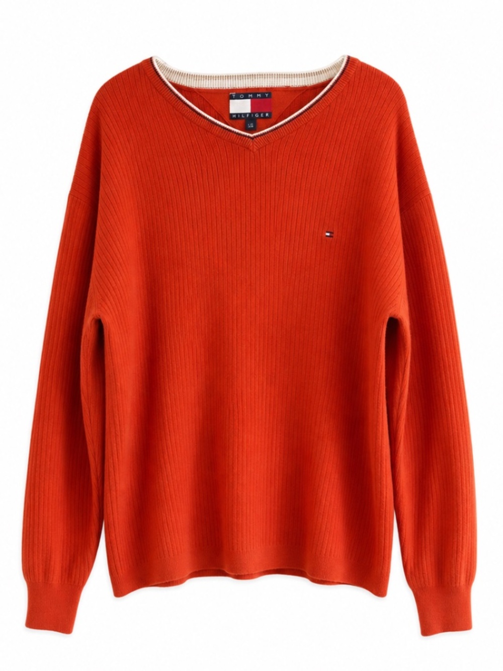 Vintage 90s Tommy Hilfiger Orange Ribbed V-Neck Sweater w White Trim – Med GUC